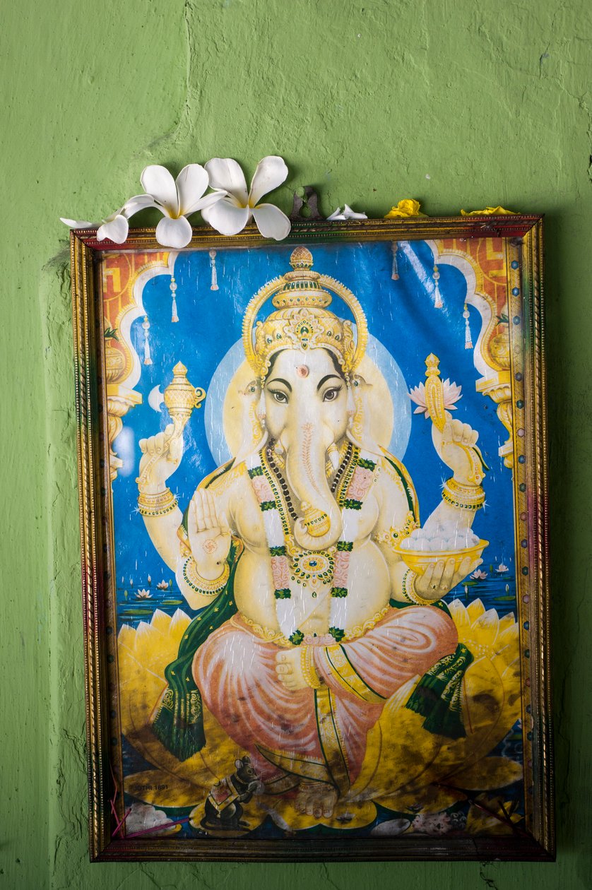 Ganesh elefántfejű istenség festménye egy templom falán, Kovil faluban, Tirukovilban, Srí Lankán. 2010. május 29. (fotó) alkotó: Unbekannt