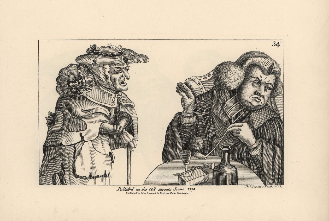 Egy dundi, gazdag plébános dohánypipával és szeszes itallal figyelmen kívül hagyja egy szegény öregasszony könyörgését. Thomas Sanders rézmetszete Timothy Bobbin (John Collier) (1708-1786) szatirikus illusztrációja után a Human Passions Delineated, John Ha alkotó: Unbekannter Künstler