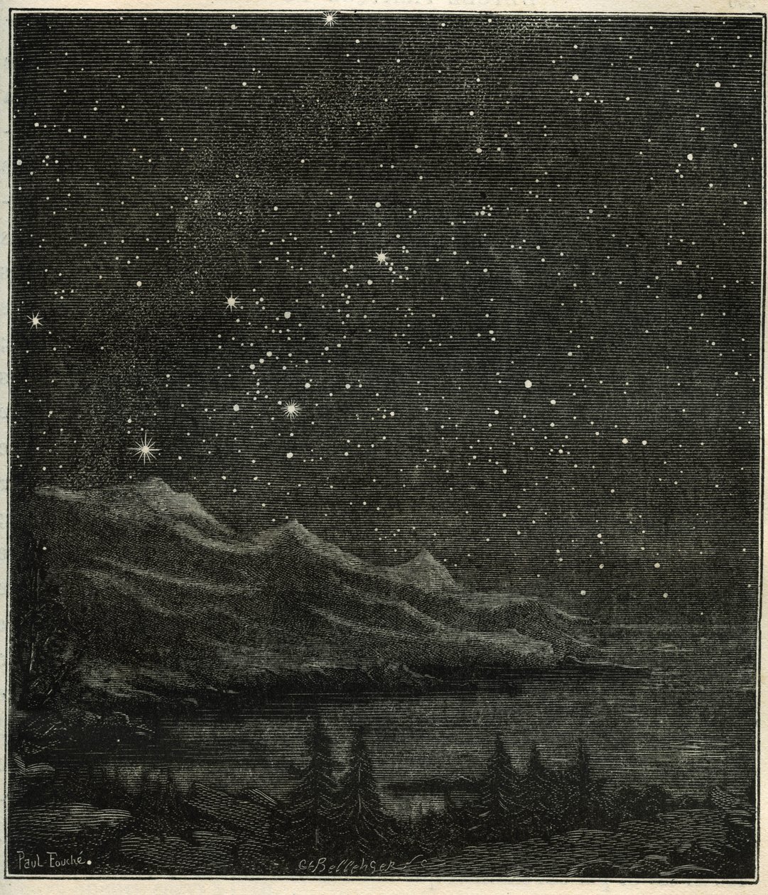 Csillagos éjszaka tökéletes az égbolt megfigyelésére. Metszet Camille Flammarion „Az ég csillagai és egyéb érdekességei” című művéből alkotó: Unbekannter Künstler