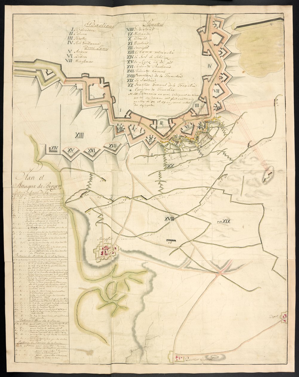 Az ostrommunkák színezett terve. Bergen op Zoom ostromának folyóirata, a franciák 1747-ben; előzte meg a francia tüzérség akkori állapotáról szóló beszámoló. alkotó: Unbekannter Künstler