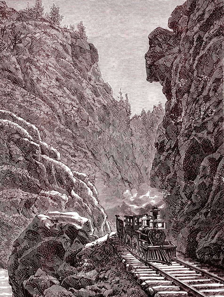 Egy vonat átkel a coloradói hegyeken. Amerikai Egyesült Államok 1886-ban (metszet) alkotó: Unbekannter Künstler