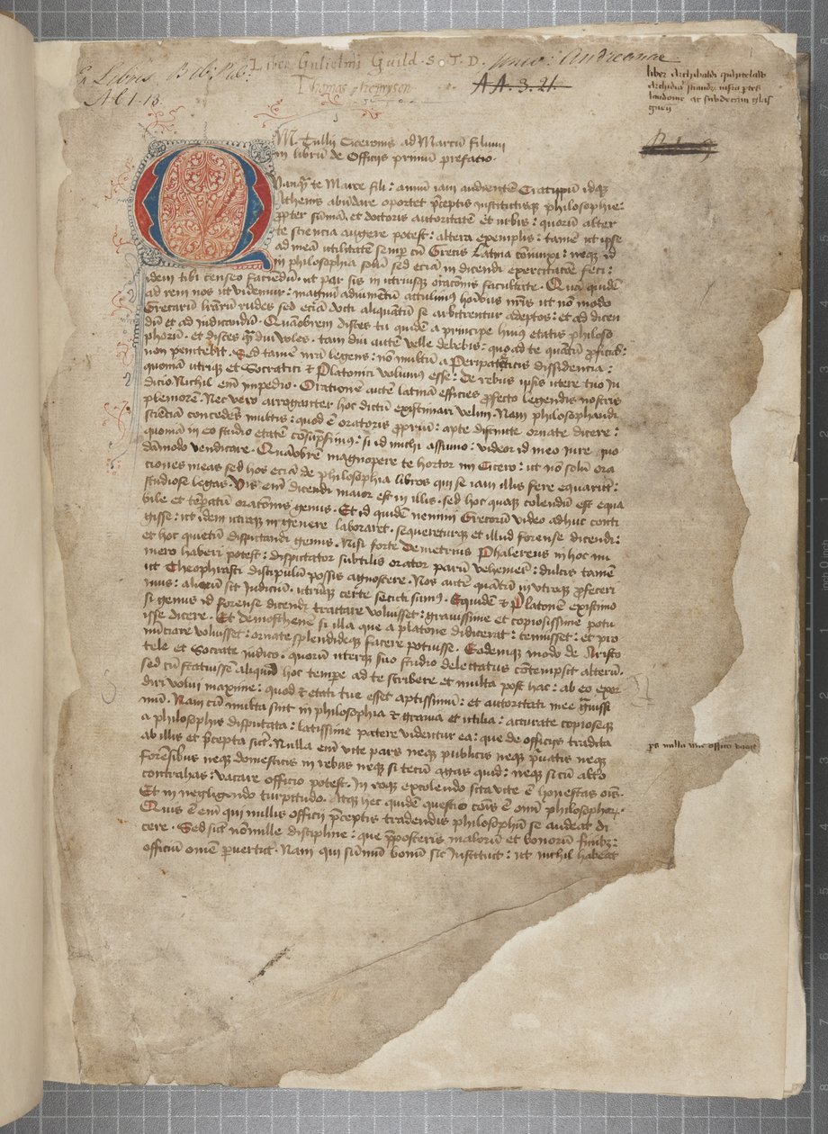 Marcus Tullius Cicero filozófiai munkáinak átirata, három kézben, látszólag az 1471-es editio romanából, széljegyekkel Archibald Whitelaw és mások kezében, 1480 körül (tinta pergamenen) alkotó: Unbekannt