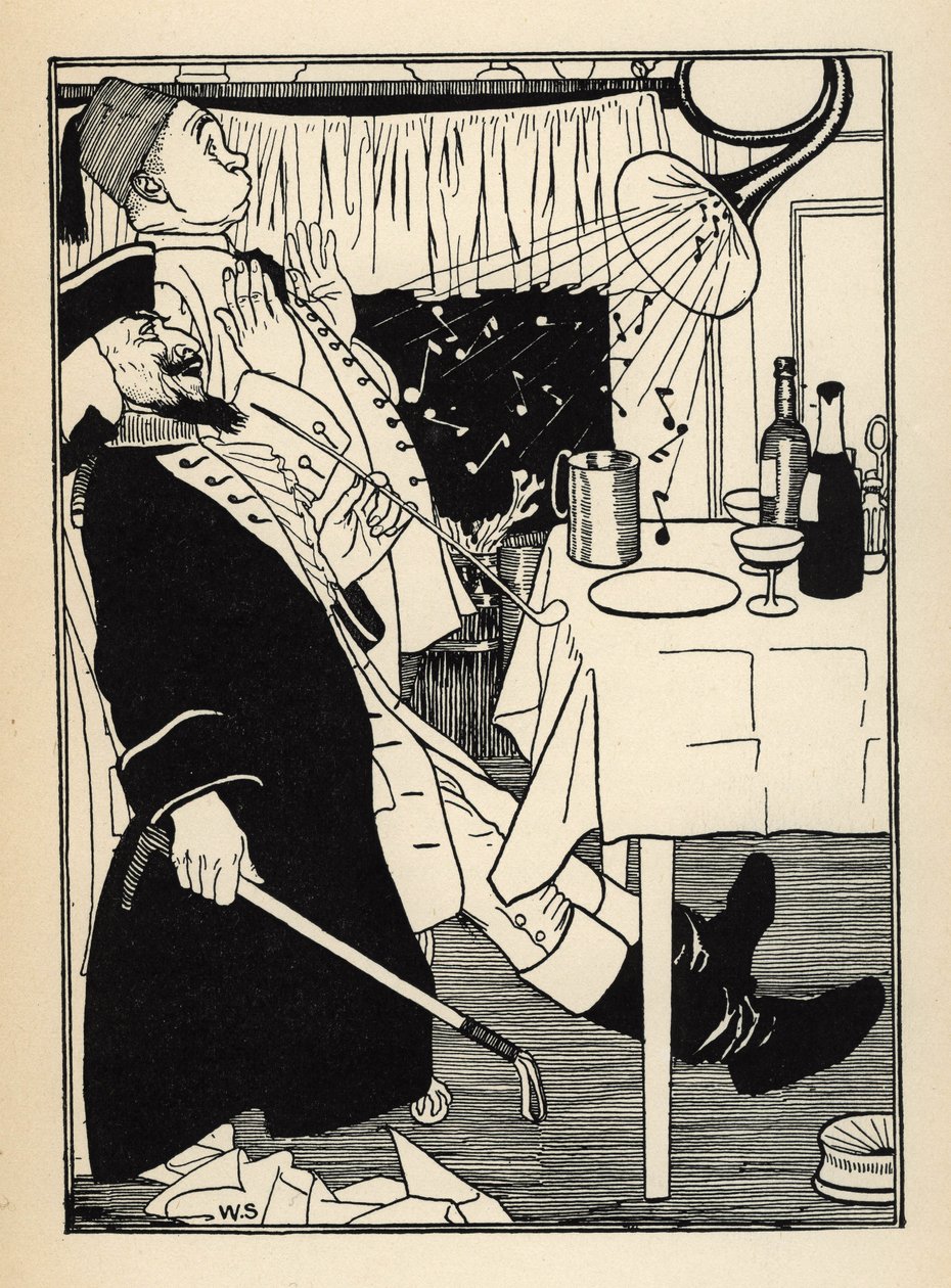 A lefagyott trombita felforrósodáskor magától ad ki hangokat. A mulatság és a ámulat teljes egészében. Illusztráció William Strang (1859-1921) és JB Clark „A münchauseni báró (Munchhausen) kalandjai, Rudolf Erich Raspe (1736- alkotó: Unbekannt