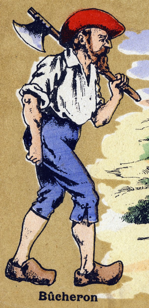 Egy favágó, aki elmegy fát vágni egy fejszével. Illusztrált ábécé. A képek a 20. század elején Jarville-Nancyben újra egyesültek. Mérete: 40x29 cm. Litográfia bisztre alapon alkotó: Unbekannt