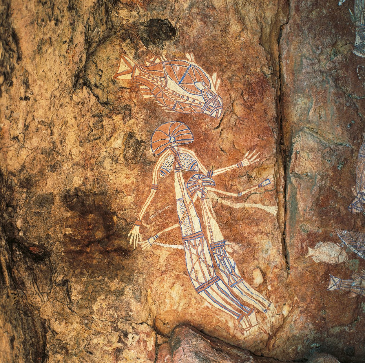 Őslakos sziklaművészet mitikus nőről és gyermekről Njambolmiban, Nourlangie közelében, Arnhem Land, NT, Ausztrália alkotó: Benjamin Baud