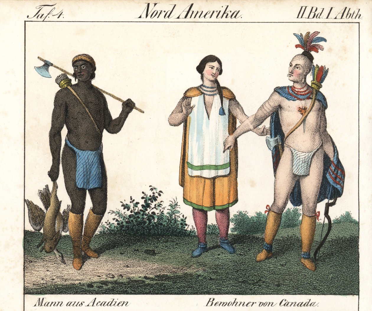 Akadiai férfi tetovált testtel és néhány kanadai indián őslakos. Litográfia a könyvhöz: Friedrich Wilhelm Goedsche (1785-1863) "Galerie complete en tableaux fideles des peuples d