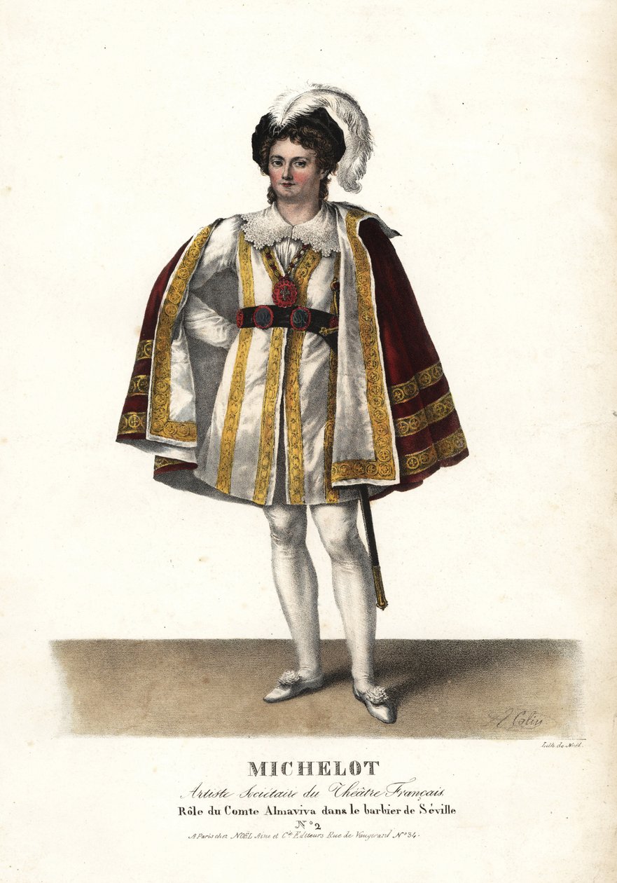 Pierre Marie Nicolas Michelot színész Pierre Beaumarchais Le Barbier de Seville című darabjában Almaviva gróf szerepében, Theatre Français. F. Noel kézi színezésű litográfiája Alexandre-Marie Colin illusztrációja után a Portraits d