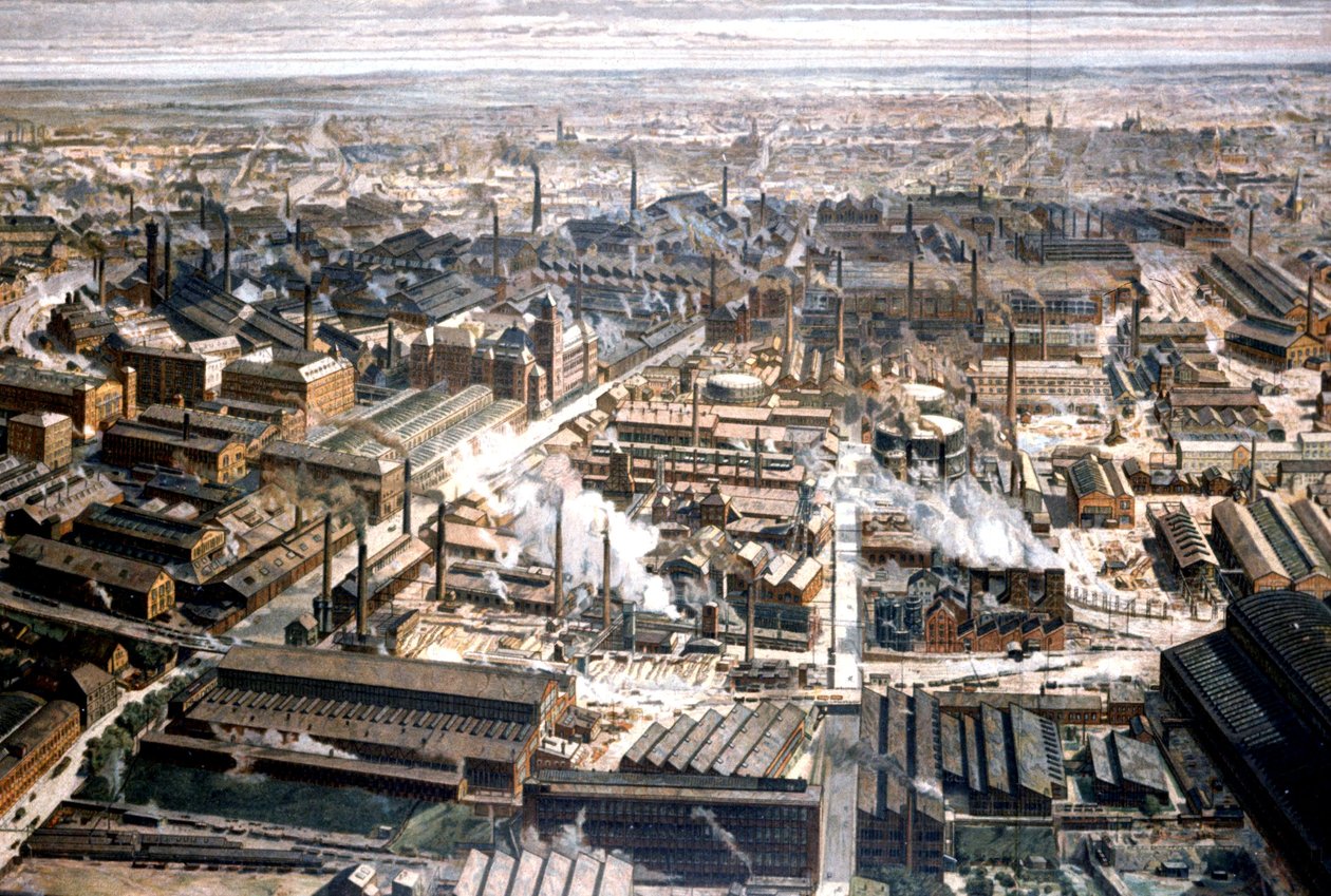 Az esseni Krupp-gyár légi felvétele, 1920 körül (metszet) alkotó: Unbekannter Künstler