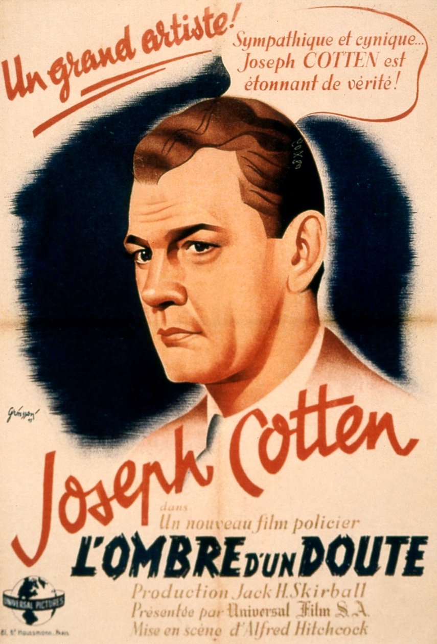 AlFredhitchcock A kétely árnyéka című filmjének plakátja Joseph Cottennel 1943 alkotó: Unbekannt