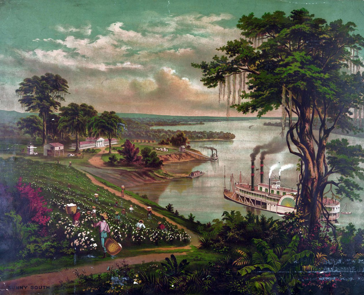 Afroamerikaiak gyapotot szednek a Mississippi melletti ültetvényen, 1883 körül. Balra az ültetvényház, jobbra a munkások kunyhói. Középen a gyapotbálák rakodására szolgáló móló. Paddle Steamer River Mezőgazdaság Textilipar Tájkép USA alkotó: Unbekannter Künstler