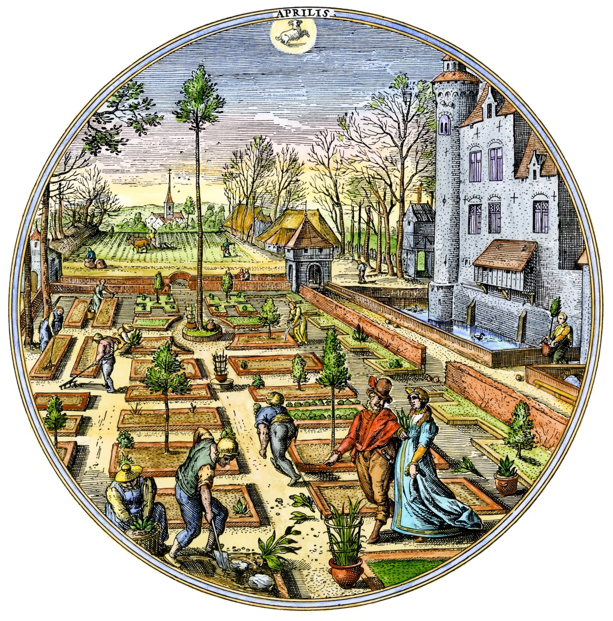 Mezőgazdaság: 1590 körül tavasz elején egy európai zöldségeskertben végzett kertészkedés 16. századi színes metszet. alkotó: Unbekannter Künstler