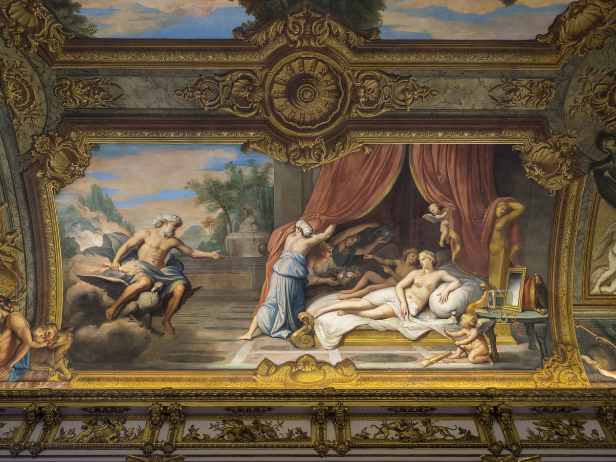 Allegorie du Feu, amely Jupitert és Semelét képviseli, XIII. Lajos (1601-1643) meglátogatja Osztrák Annát (1601-1666) (XIV. Lajos fogantatása). A Galerie doree boltozatának festménye, Francois Perrier (1594-1649) alkotó: Unbekannt