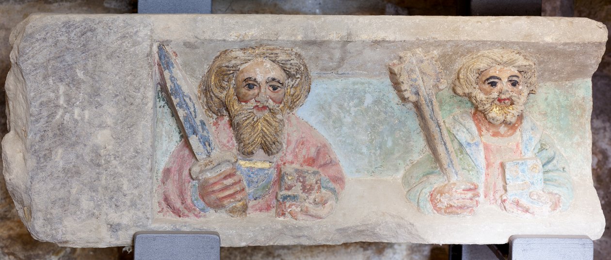 Oltárkép. polikróm kő. 14. század második fele. Eredeti egykori plébániatemplom Torre de Rialb. Részlet. Alsó regiszter. Bal oldali panel. Péter Pál evangélisták. alkotó: Unbekannt