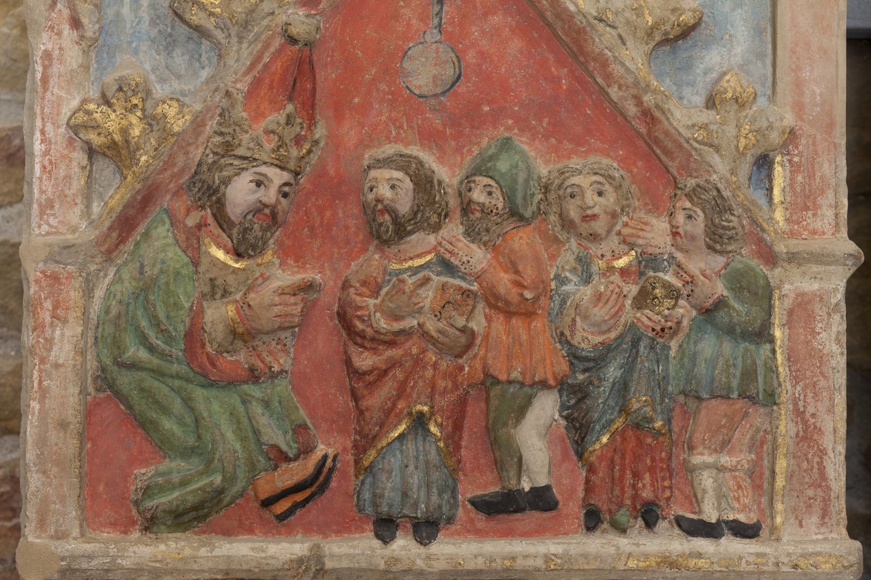 Oltárkép. polikróm kő. 14. század második fele. Eredeti egykori plébániatemplom Torre de Rialb. Részlet. Középregiszter. Bal oldali panel. Felső rész: Saints Iscle és Victoria a tisztviselőkkel. alkotó: Unbekannt