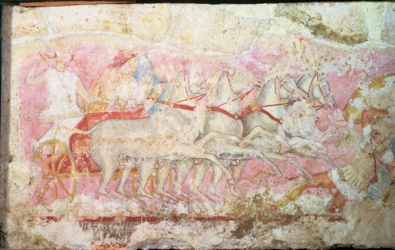 Amazonok, akik szekeret vezetnek, részlet az amazonok szarkofágjának oldaláról, Tarquinia, Kr. e. IV. század (tempera alabástromon) (85168. részlet) alkotó: Unbekannt