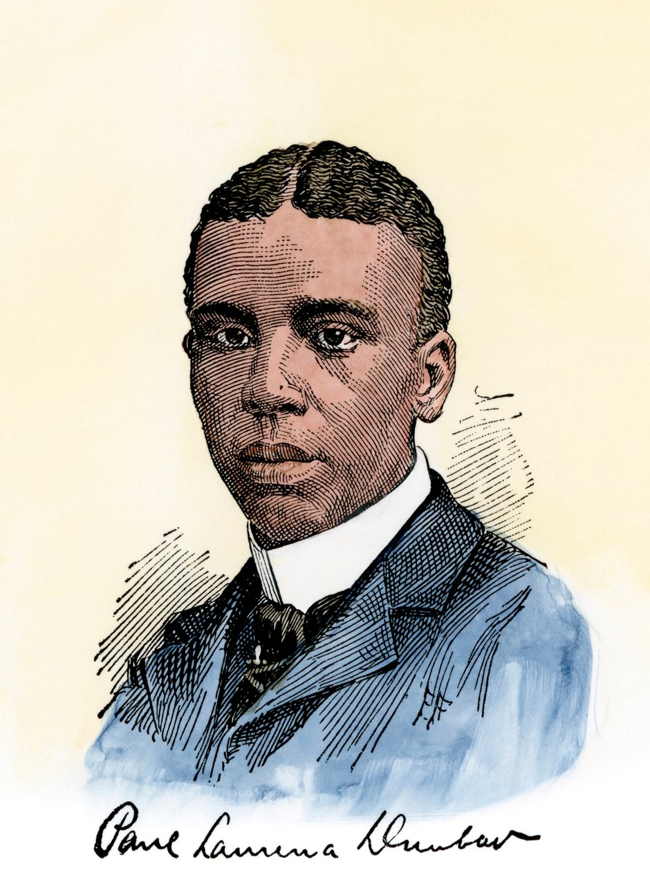 Paul Lawrence Dunbar (1872-1906) amerikai költő autográfjával. Kézzel színezett fametszet egy 19. századi illusztrációról. alkotó: Unbekannter Künstler
