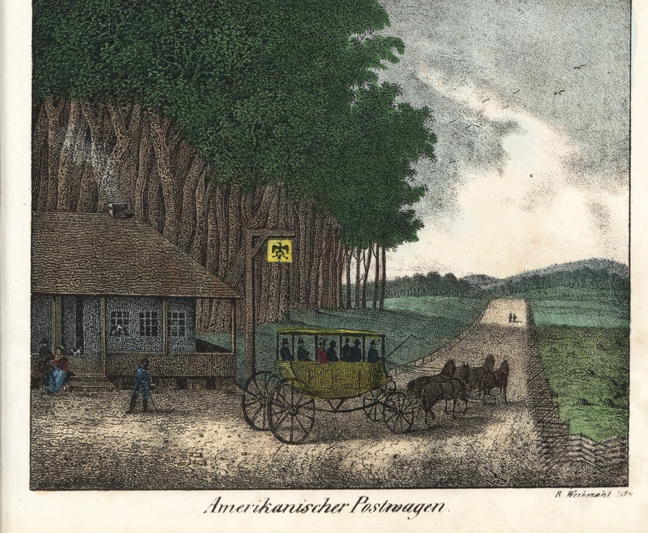Egy amerikai posta és egy szorgalom. Litográfia a könyvhöz: Friedrich Wilhelm Goedsche (1785-1863) "Galerie complete en tableaux fideles des peuples d
