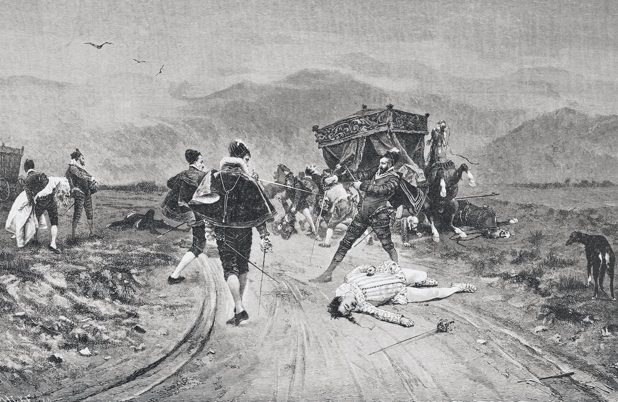 Egy kocsi elleni támadás, 17. század közepe, a „La Ilustracion Artistica” című művéből, 1887-ben alkotó: Unknown