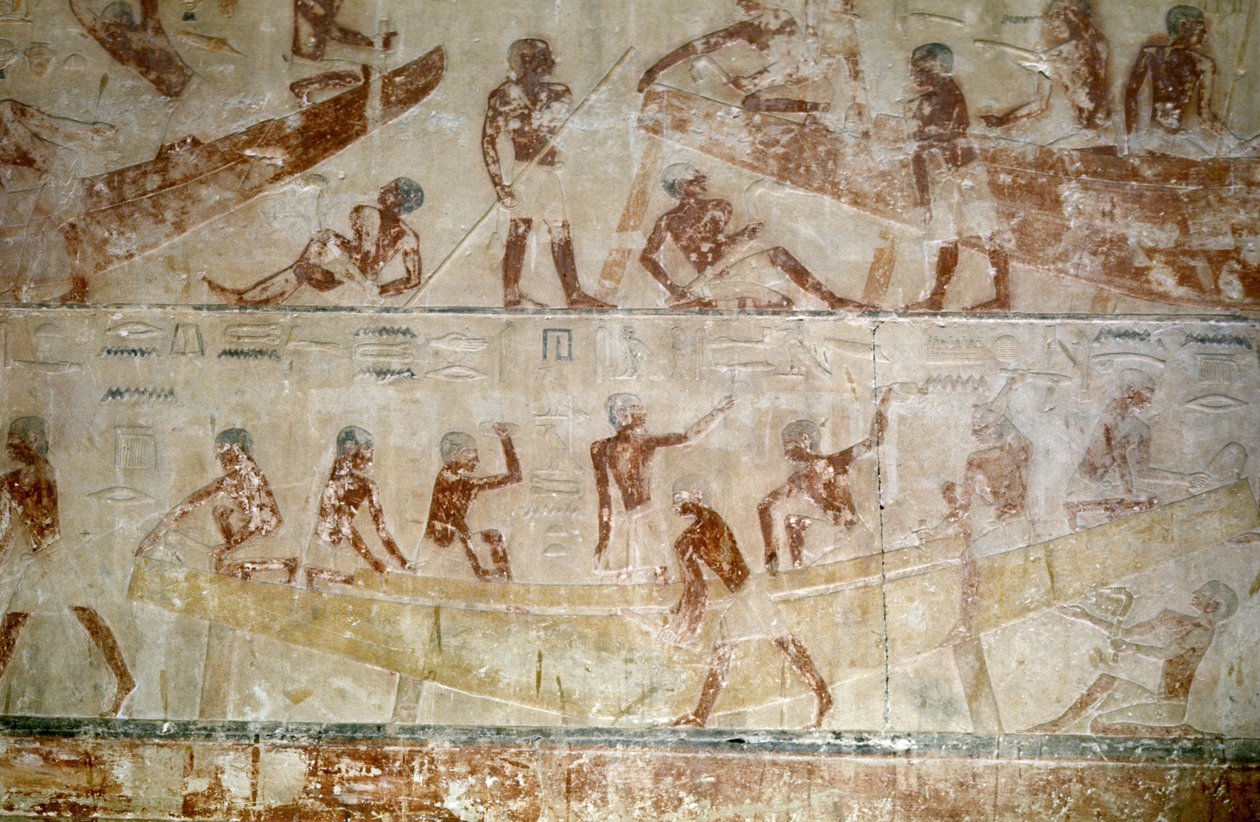 Az ókori Egyiptom: Saqqarah (vagy Saqqara vagy Sakkarah): a Régi Birodalom nekropolisza, nemesek sírja. Részlet a domborművekről, amelyek egy csónak építését ábrázolják. alkotó: Leopold Blonder