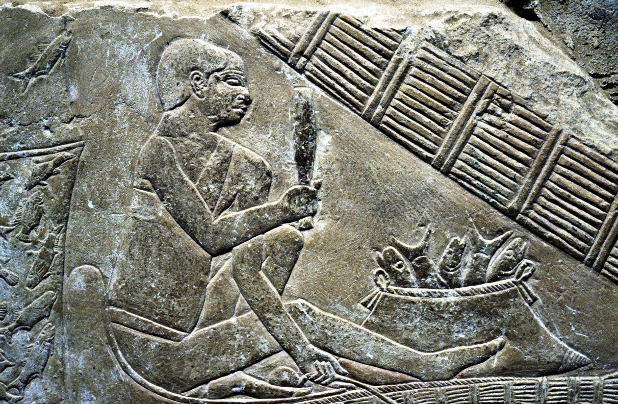 Az ókori Egyiptom: Saqqarah (vagy Saqqara vagy Sakkarah): a Régi Birodalom nekropolisza, nemesek sírja. Egy halászt ábrázoló domborművek részlete. alkotó: Leopold Blonder