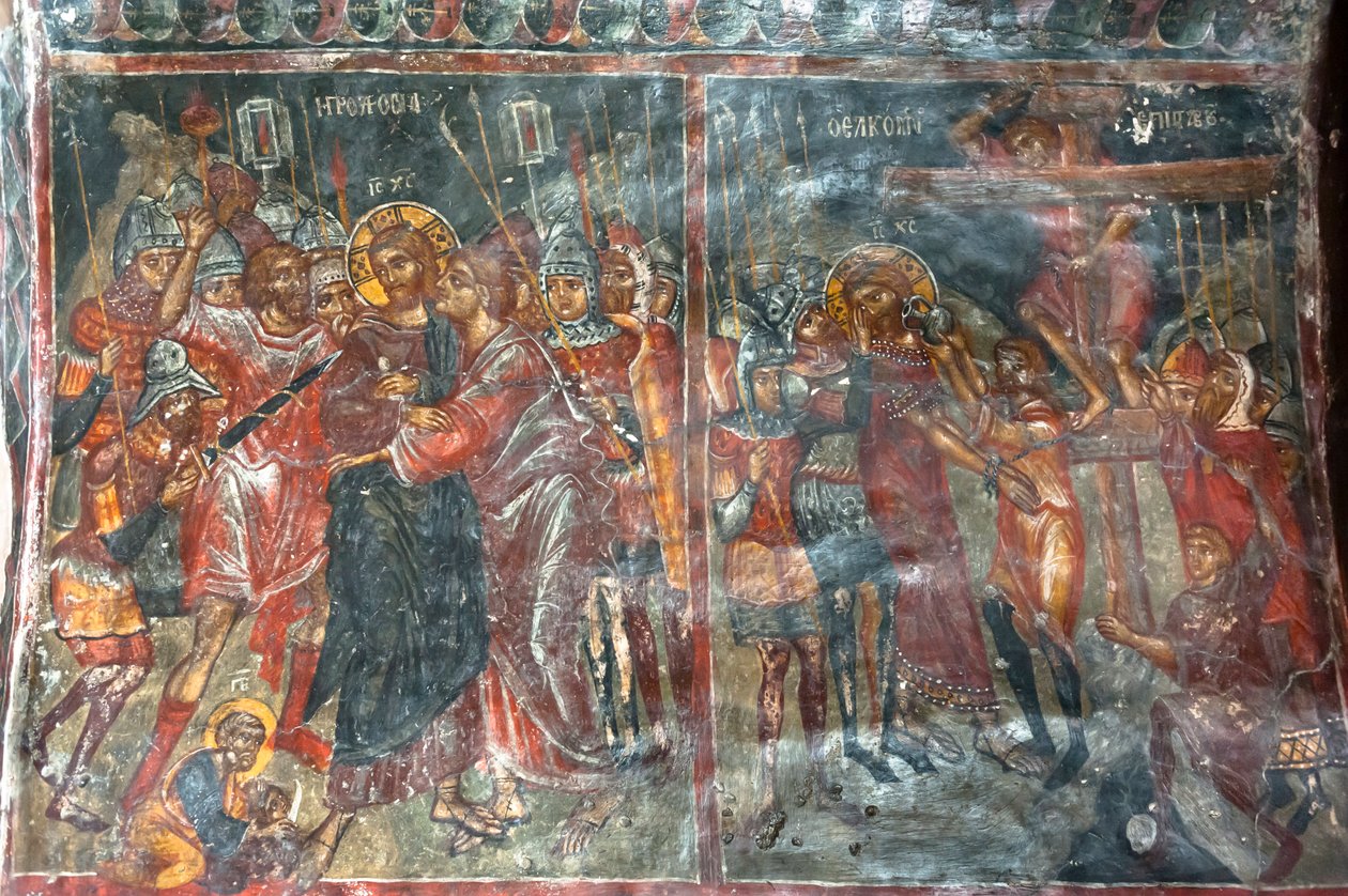 Ókori freskók; falfestmények; Júdás csókja; Jézus keresztre feszítése; Panagia és Sotiras templom; görög ortodox templom; Roustika; Kréta; Görögország; Európa alkotó: Unbekannt
