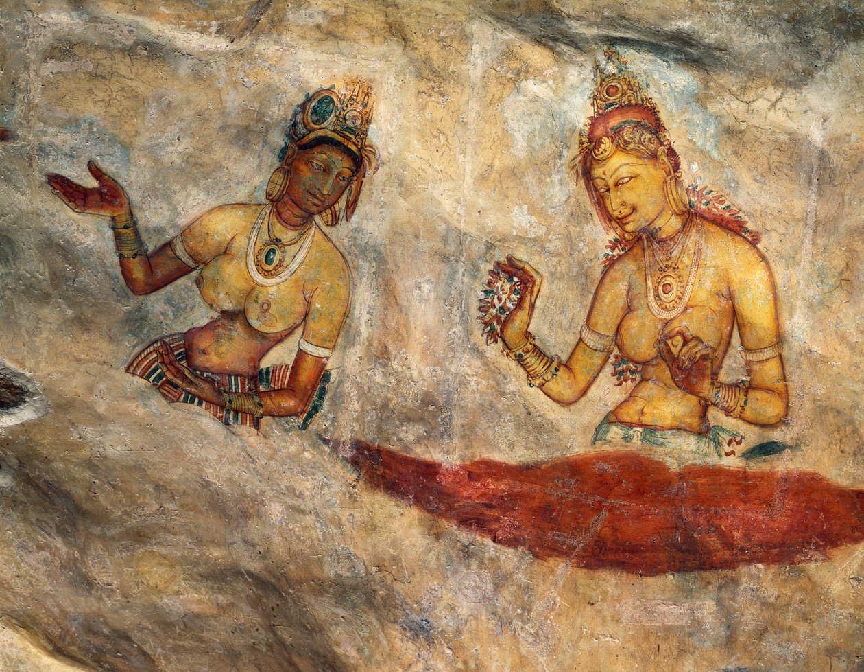 Apsarák, virágokat kínáló mennyei nimfák, freskó, Sigiriya erődített fellegvára (UNESCO világörökségi lista) alkotó: Alec Hunter