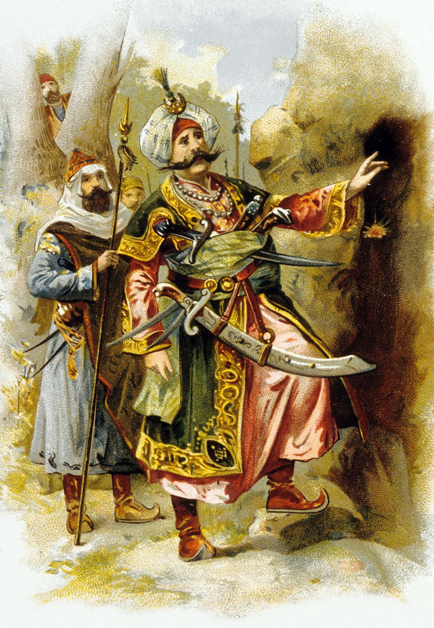Az Ezeregyéjszaka : Ali Baba és a negyven tolvaj : a tolvajok vezére azt mondja: "Nyisd ki a szezámot", a "Le Bon Marche" reklámja 1900 körül. alkotó: Unbekannter Künstler