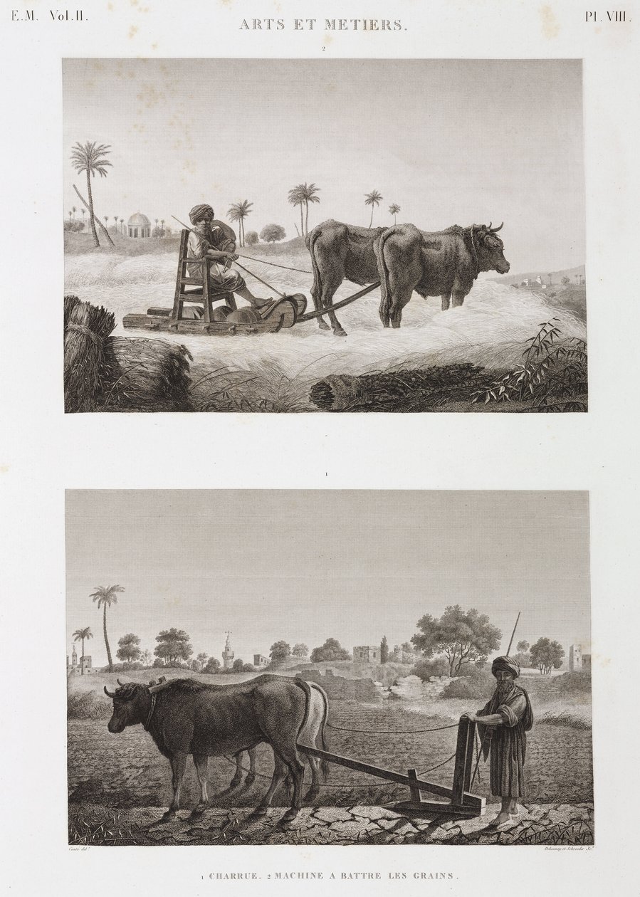 Szántóföldi gazdálkodás, szántás Cséplőgép és eke, Egyiptom, 1798 alkotó: Unbekannt
