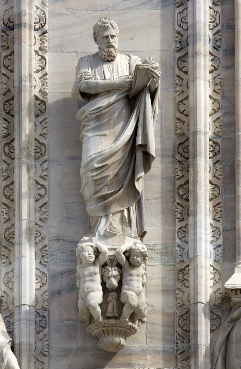 Építészet: Donato Carabelli Szent Márk szobra (1811). A milánói olaszországi székesegyház (kupola vagy duomo) homlokzatának részlete alkotó: Unbekannt