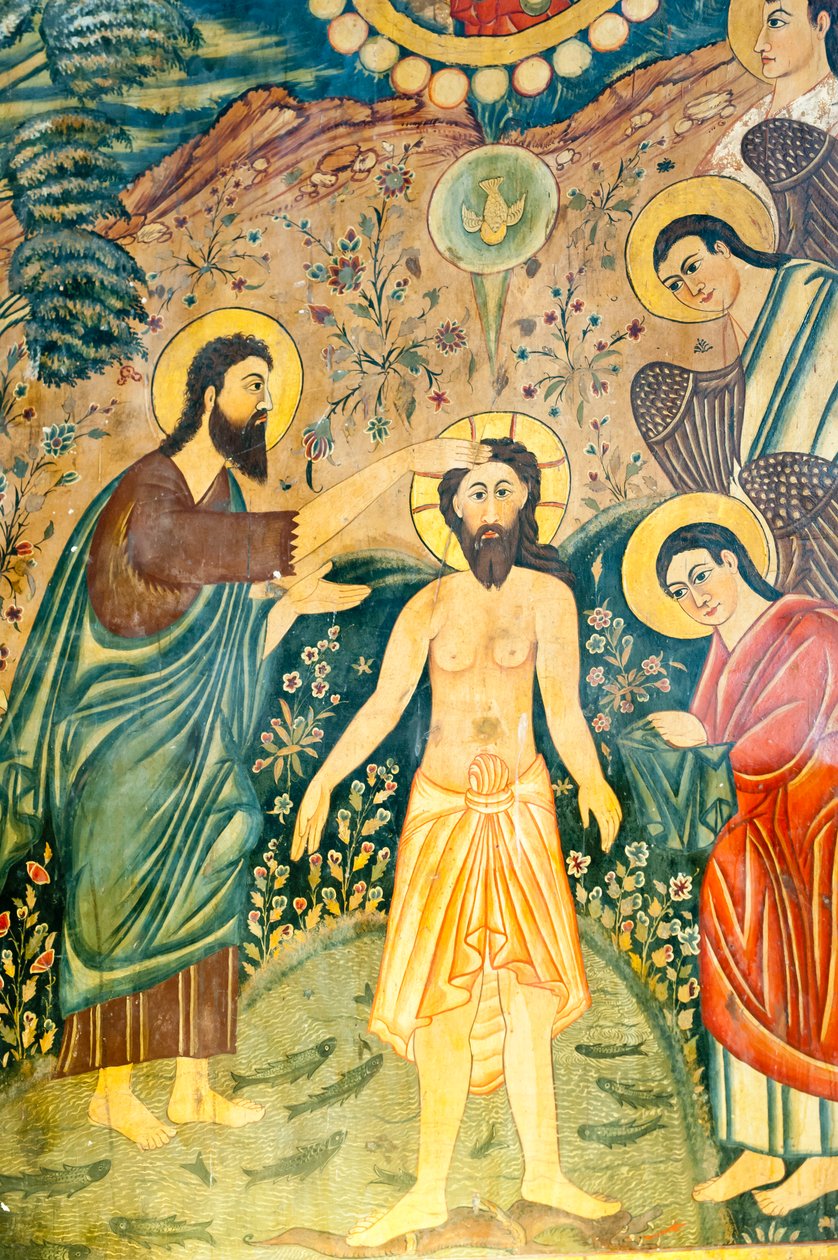 Örmény Apostoli Egyház; Falfestmény; Jézus Krisztus megkeresztelkedése Keresztelő János által a Jordánban; Betlehemi templom vagy Bedkhem templom; Julfa kerület vagy Jolfa; Iszfahán; Irán; Ázsia alkotó: Unbekannt