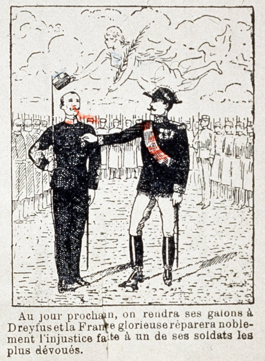A hadsereg csíkokat ad Dreyfus kapitánynak, 1906 körül (rajz) alkotó: Unbekannter Künstler