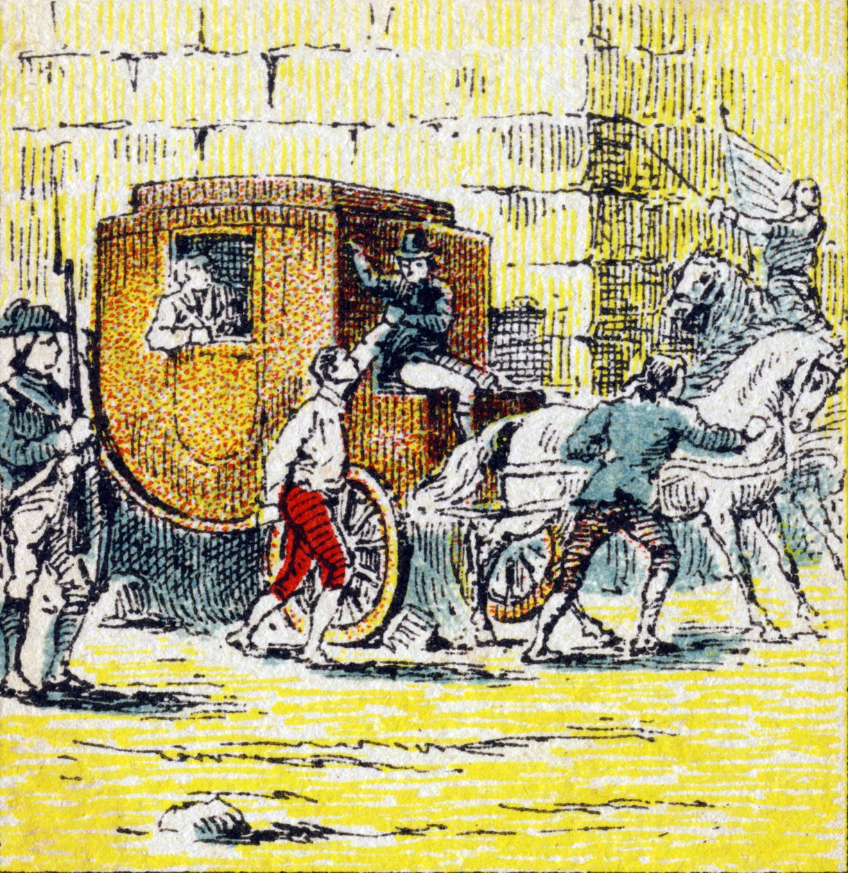 XVI. Lajos és menekülő családja letartóztatása Varennes-ben 1791. június 21-én. Metszet a „Histoire de France”-ban. Reklámképsorozat Louit megbízásából, 24 rue d
