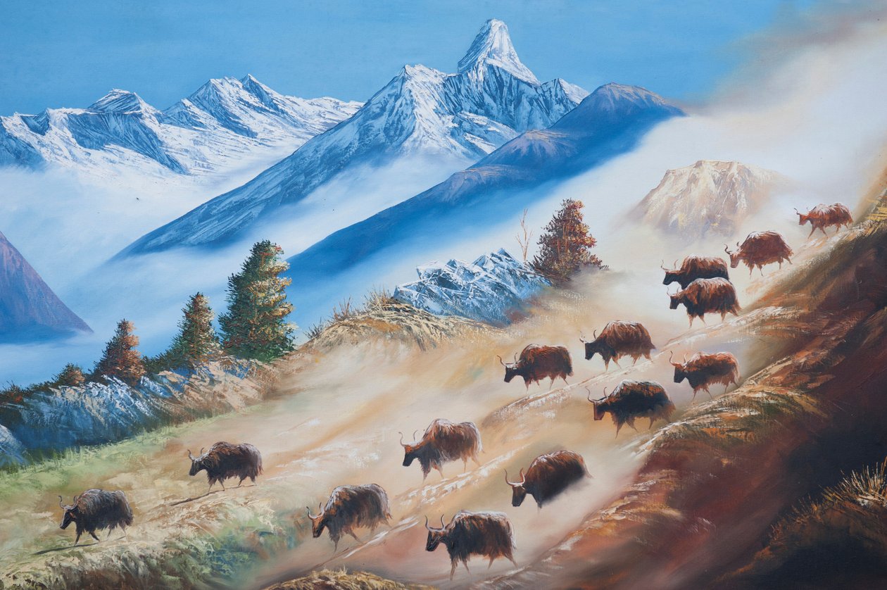 Művészet; egy jakcsorda festése az Ama Dablam-hegy alatt; vidéki élet; galéria Katmanduban; Nepál; Ázsia alkotó: Unbekannt