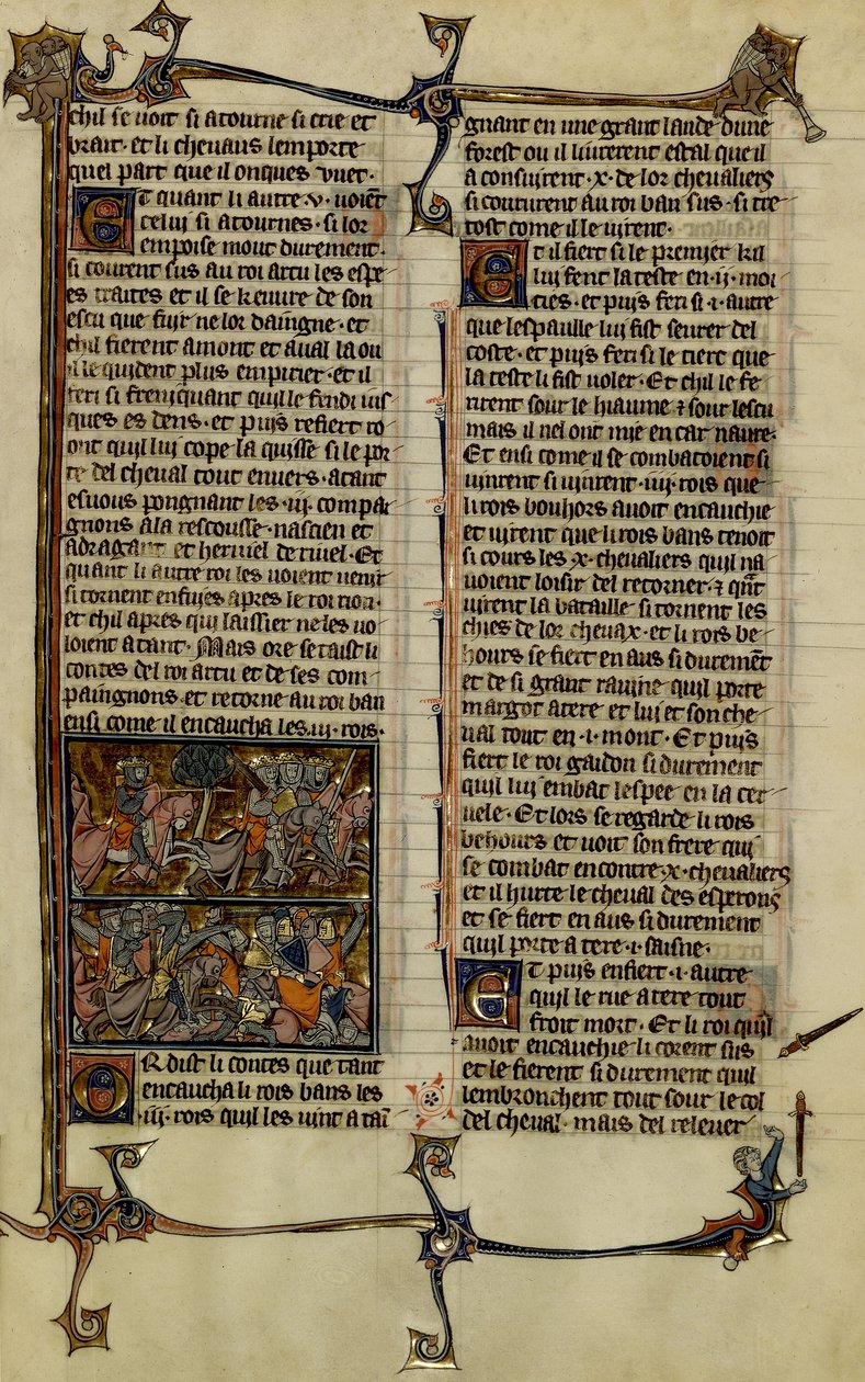 Artúr-legenda (a Szent Grál keresése) : Benoic üldözi a szászokat és a Danablaise-i csata két illumináció a 13. században, 1280-1290 között készült Merlin története című kéziratból. alkotó: Unbekannter Künstler