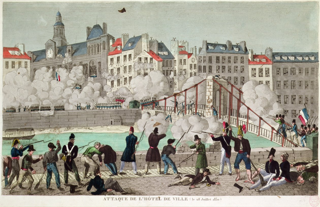 A párizsi városháza támadása és az arcolai híd csata, 1830. július 28. (metszet) alkotó: Unbekannter Künstler