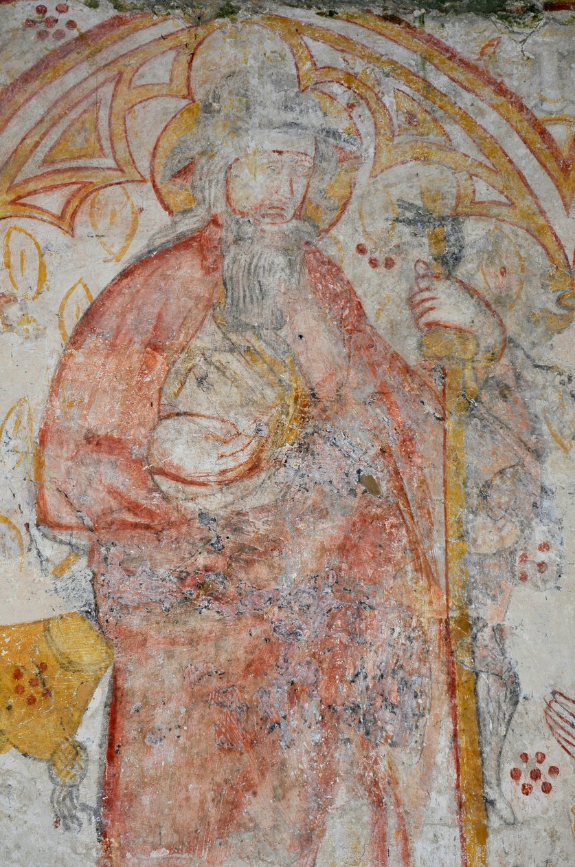 Avy, Notre Dame templom. 14. századi freskó (Szűz Mária és a gyermek körülvéve, pelerinek imádják őket, akiket szent védőszentjeik kísérnek). alkotó: Unbekannter Künstler