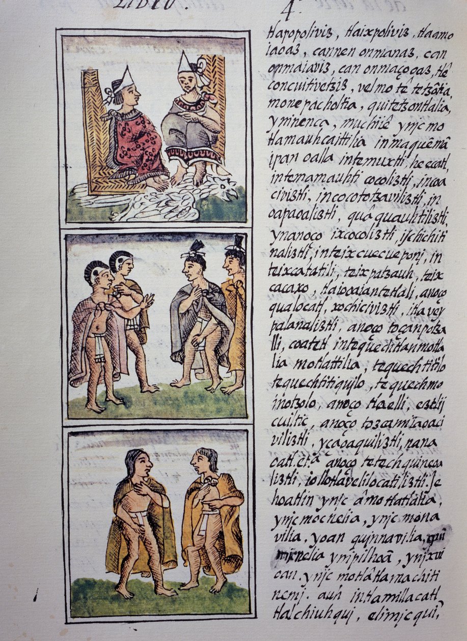 Azték társadalom, Firenzei kódex IV. könyve, Kétnyelvű változat spanyol és nahuatl nyelven, Az új Spanyolország dolgainak általános története, azték civilizáció alkotó: William M. Timlin