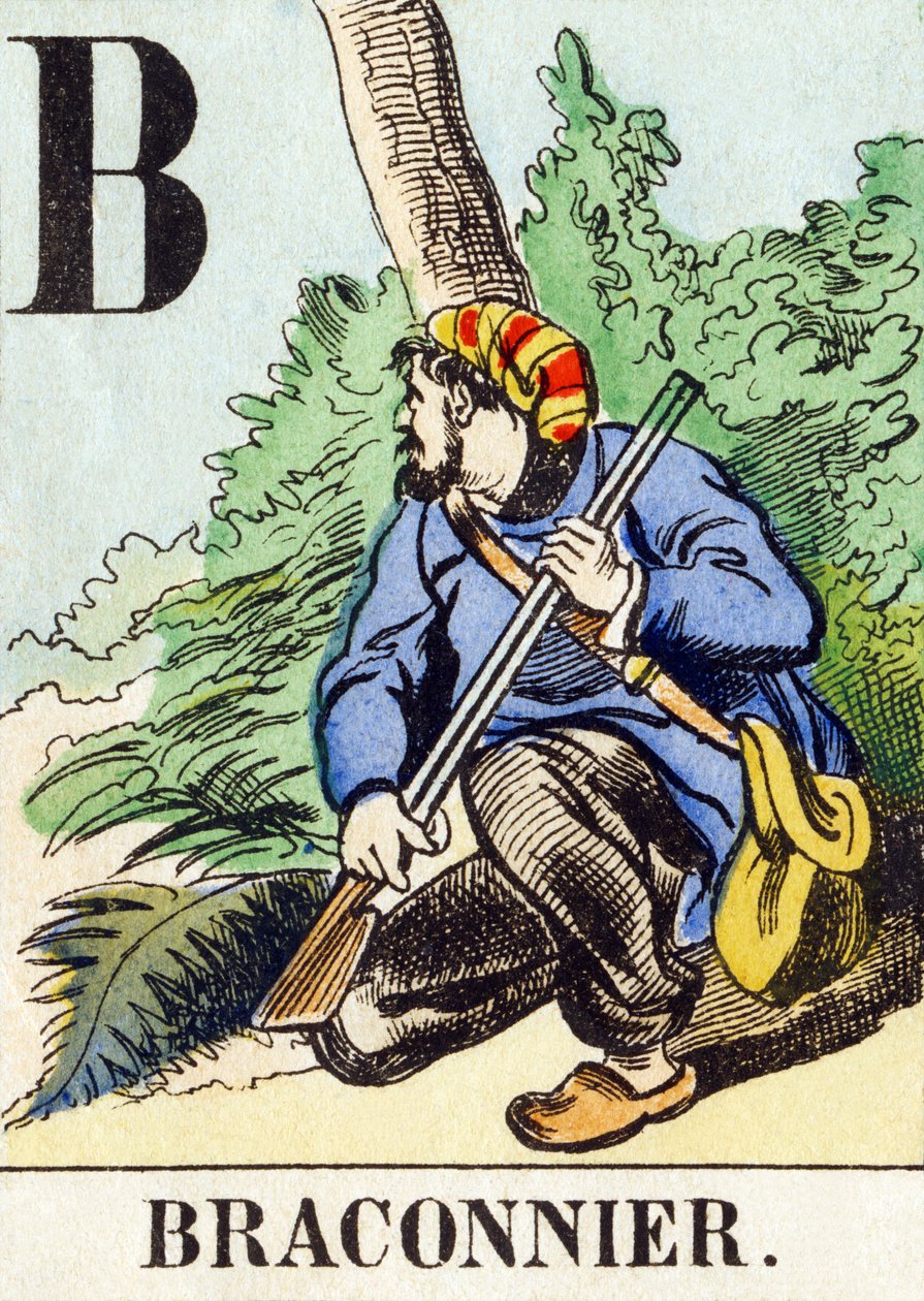 B : Braconnier – A vadászábécé, 1890 körül (metszet) alkotó: Unbekannt