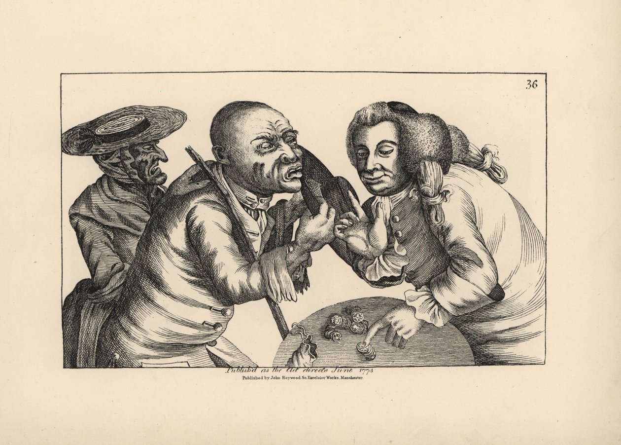 A csődbe ment Toby és felesége, Doxy sajtért és sörért koldulnak egy kocsmában. Thomas Sanders rézmetszete Timothy Bobbin (John Collier) (1708-1786) szatirikus illusztrációja után a Human Passions Delineated, John Haywood, Manchester című kötetből. alkotó: Unbekannter Künstler