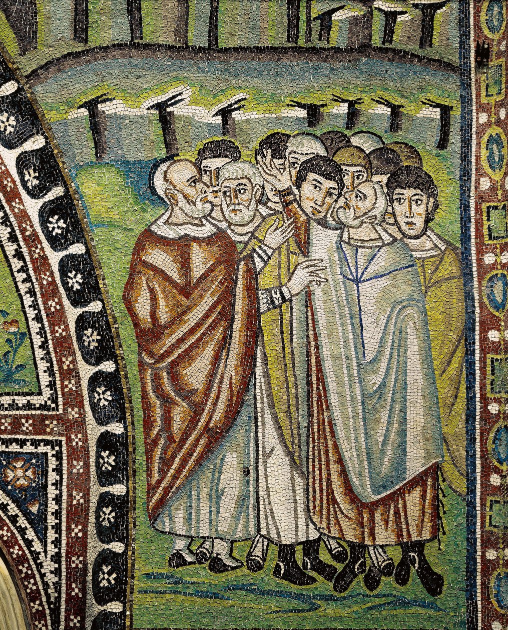 San Vitale-bazilika, ambuláns bejárata feletti lunetta mozaikok részlete, amely Izrael tizenkét törzsének Áron vezetőit ábrázolja, Ravenna, Emilia-Romagna, Olaszország alkotó: William M. Timlin