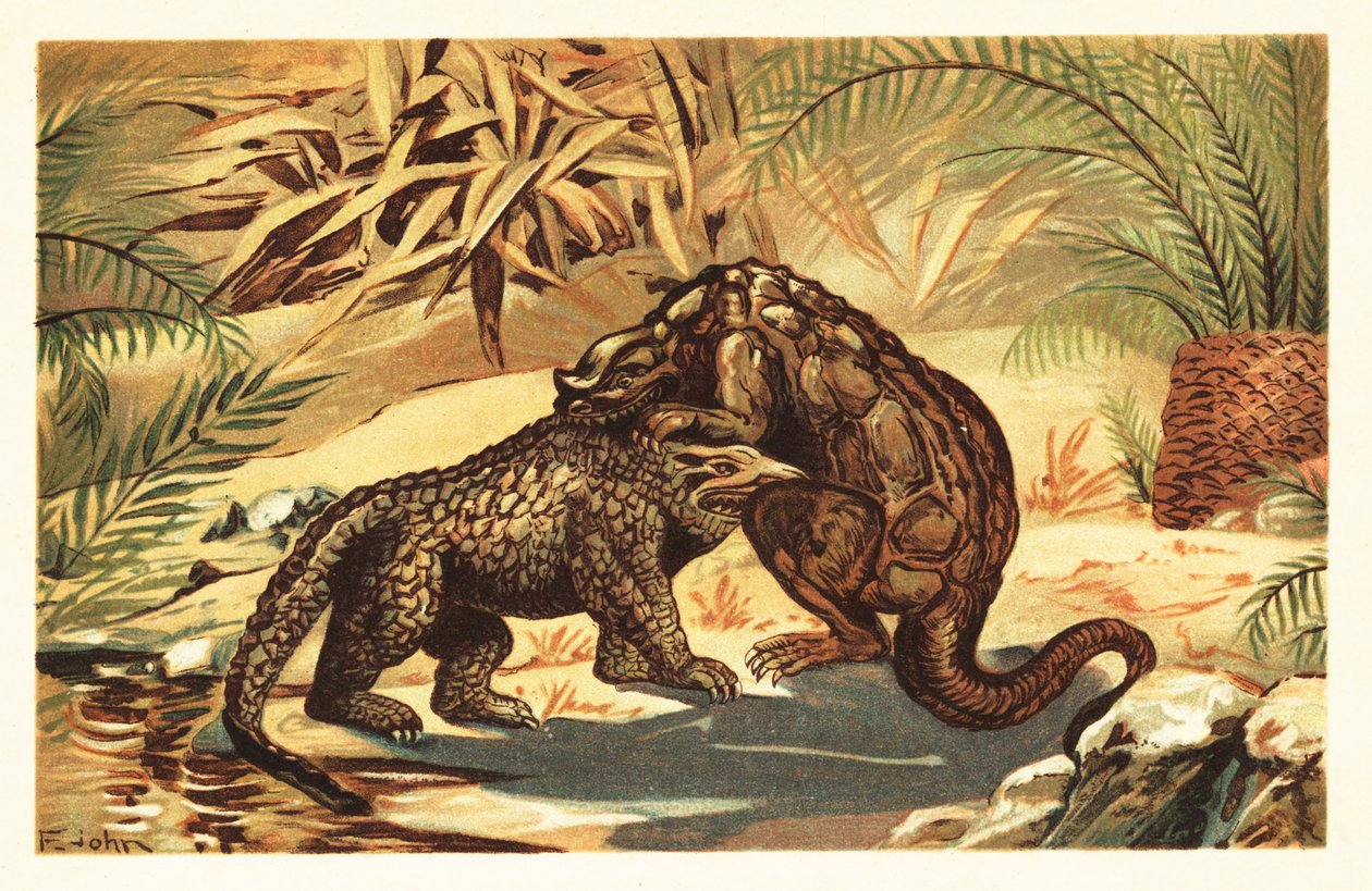 Harc a Megalosaurus bucklandii és az Iguanodon bernissar 1908 között (litográfia) alkotó: Unbekannter Künstler