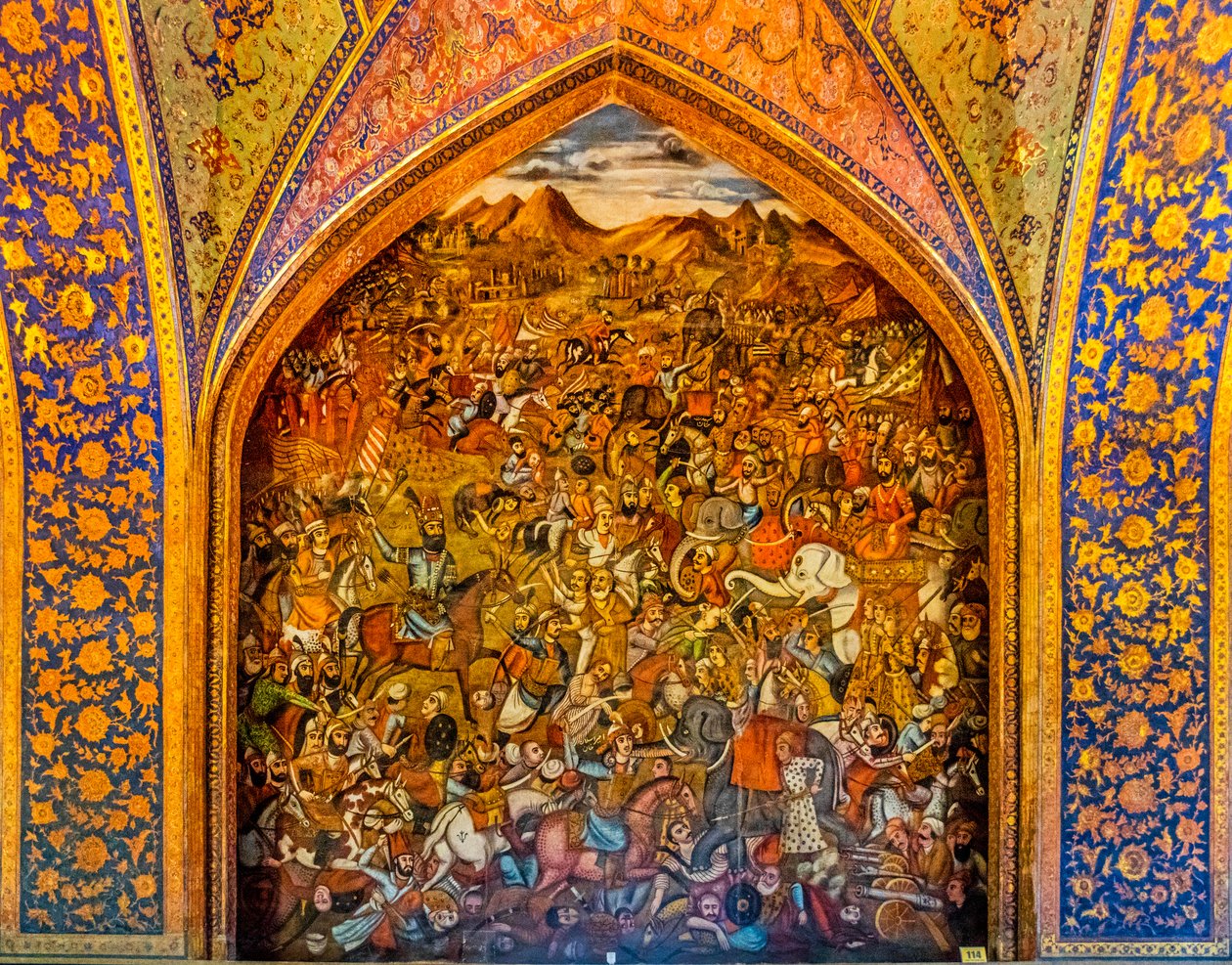 Chaldirán csata az oszmán Szelim ellen I. 1514, freskók udvari jelenetekkel és csatajelenetekkel, Chehel Sotoun palota, Iszfahán, Iszfahán, Irán, Ázsia (fotó) alkotó: Unbekannter Künstler