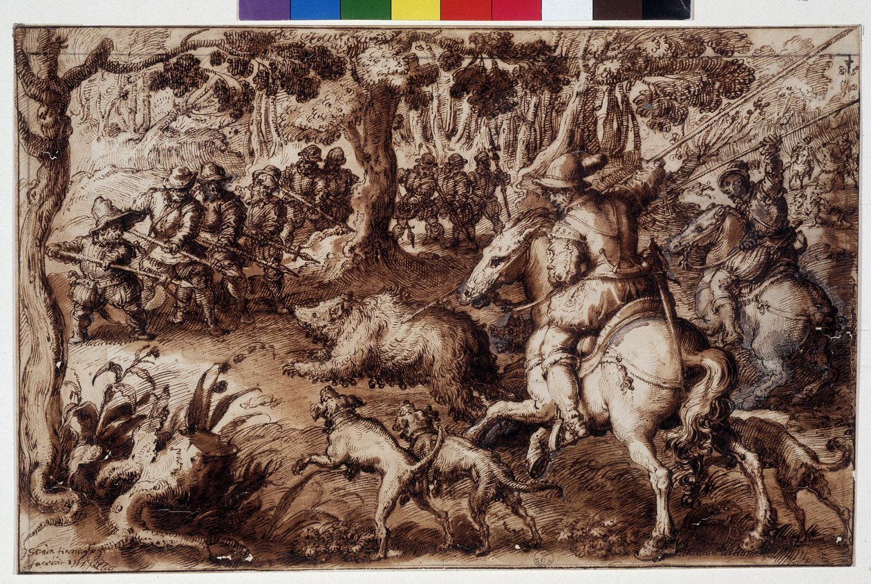 Medvevadászat. Giovanni Stradano (Jan Van Der Straet) (Johannes Stradanus) (1523-1605) rajza. Firenze, Gabinetto dei Disegni e delle Stampe degli Uffizi (Uffizi). GDSU 2343 F alkotó: Unbekannter Künstler
