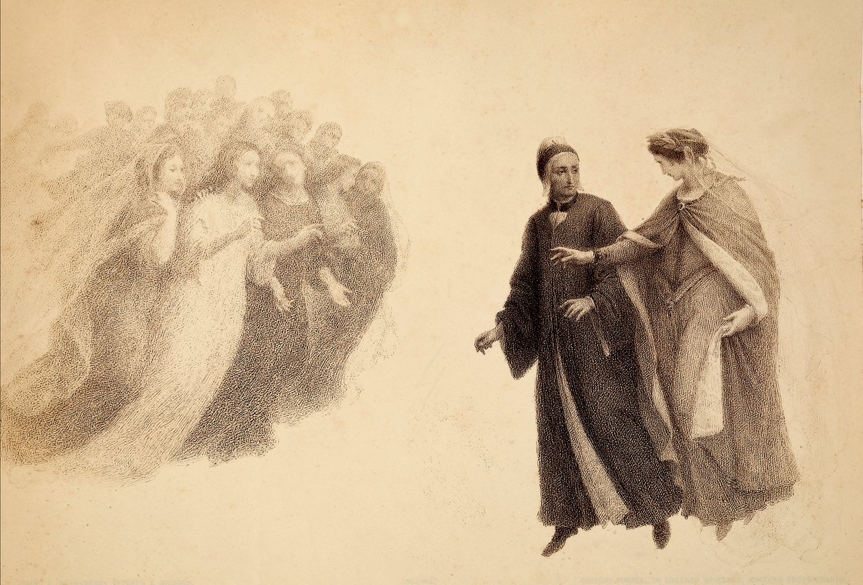Beatrice, a Paradicsom égboltján, a lelkek egy csoportját jelzi Danténak. Illusztráció Dante Alighieri Isteni komédiájának Paradiso III. énekéhez. Franceso Scaramuzza műve, amelyet a firenzei önkormányzatnak szentelt. alkotó: Unbekannter Künstler