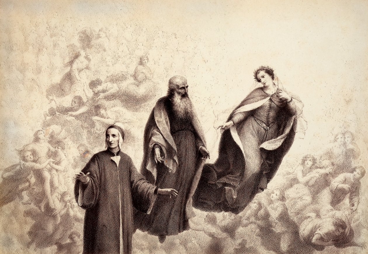 Beatrice eltávolodik Dantétól, és mellette megjelenik Szent Bernát. Illusztráció Dante Alighieri Az isteni komédia Paradiso című művének XXXI. énekéhez. Francesco Scaramuzza műve, amelyet a firenzei önkormányzatnak szentelt. alkotó: Unbekannter Künstler