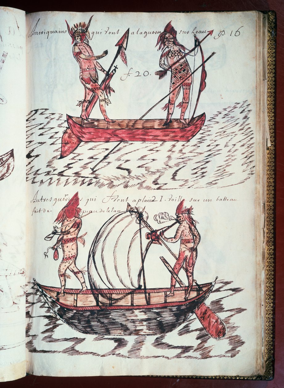 Indiánok csónakjai, Codex Canadensis (1664-1675) oldala, Louis Nicolas, Franciaország, pergamen kézirata alkotó: William M. Timlin