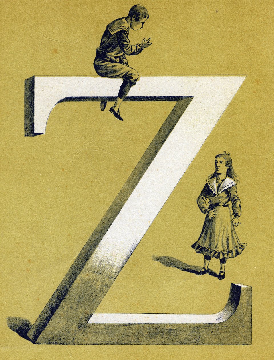 Fiú ül a Z betűn, és egy kislány áll alatta. Illusztrált ábécé. A képek újra egyesültek Jarville-Nancy-ben, a 20. század elején. Mérete: 40x29 cm. Litográfia bisztre alapon alkotó: Unbekannt