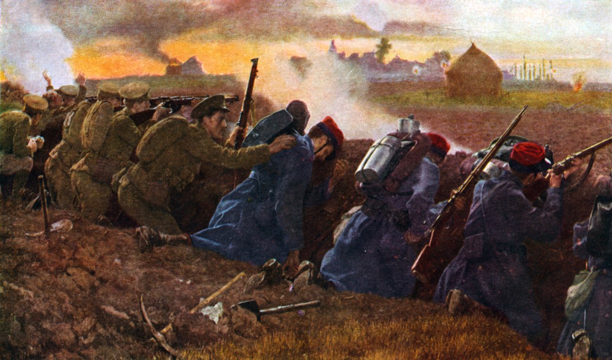 A brit csapatok a franciákkal együtt harcolnak az első német támadás megállításáért, 1914 ősze alkotó: Unbekannter Künstler