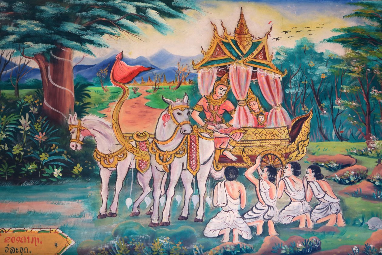 Buddha és Yashodhara hercegnő és fiuk, Rahula. Buddha élete. Falfestmények festmények. Wat Inpeng. Ventiane. Laosz, 20151029, Vientiane, Laosz alkotó: Unbekannt