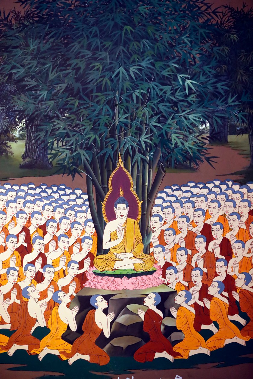 Buddha tanítása a tanítványoknak, falfreskó, Wat Botum templom, Phnom Penh, 2022 (fotó) alkotó: Unbekannter Künstler